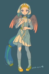 Size: 1402x2105 | Tagged: safe, artist:xinjinjumin641763993311, derpibooru import, somnambula, human, g4, green background, humanized, simple background, solo, tail, tailed humanization, winged humanization, wings