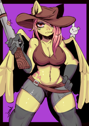 Size: 2480x3508 | Tagged: safe, artist:mrlroach, derpibooru import, fluttershy, anthro, pegasus, rabbit, g4, animal, clothes, cowboy hat, female, hat, mare, musket, purple background, shorts, simple background