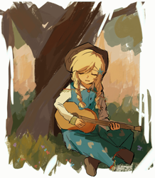 Size: 1397x1601 | Tagged: safe, artist:whatawasteoftime, derpibooru import, applejack, human, g4, the big mac question, applejack's country dress, boots, clothes, dress, eyes closed, gown, grass, guitar, humanized, musical instrument, open mouth, shoes, sitting, tree