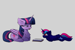 Size: 6000x4000 | Tagged: safe, derpibooru import, twilight sparkle, twilight sparkle (alicorn), oc, oc:blue thunder, alicorn, g4, book, chest fluff, colt, duo, duo male and female, female, foal, lying down, male, parent:twilight sparkle, ponyloaf, prone, reading