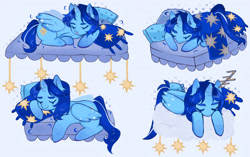 Size: 2840x1786 | Tagged: safe, derpibooru import, oc, oc only, oc:blue thunder, alicorn, bed, blanket, cloud, on a cloud, onomatopoeia, pillow, sleeping, sleeping on a cloud, solo, sound effects, zzz