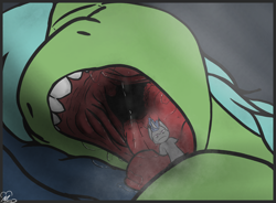 Size: 4840x3560 | Tagged: safe, artist:macromousie, derpibooru import, oc, oc only, oc:light touch, oc:verlo streams, commission, drainpipe throat, macro/micro, mawshot, micro, open mouth, sharp teeth, sleepy, teeth, vore, ych result