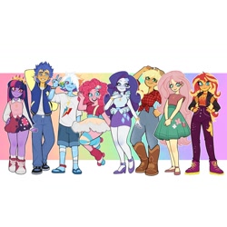 Size: 1440x1440 | Tagged: safe, artist:olikotier, derpibooru import, applejack, flash sentry, fluttershy, pinkie pie, rainbow dash, rarity, sunset shimmer, twilight sparkle, human, equestria girls, g4, alternate hairstyle, clothes, converse, female, gradient background, humane five, humane seven, humane six, male, redesign, shoes, socks, striped socks