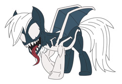 Size: 1079x741 | Tagged: safe, artist:dead82, derpibooru import, rainbow dash, alien, pegasus, pony, g4, antagonist, crossover, digital art, female, long tongue, looking at you, mare, marvel, sharp teeth, simple background, solo, spider-man, symbiote, tail, teeth, tongue, tongue out, venom, white background, white mane, white tail