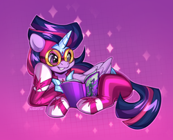 Size: 5079x4134 | Tagged: safe, artist:sugarstar, derpibooru import, twilight sparkle, twilight sparkle (alicorn), alicorn, pony, g4, abstract background, gradient background, horn, lying down, masked matter-horn costume, power ponies, reading, solo, sparkles, wings