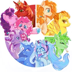 Size: 360x360 | Tagged: safe, artist:peeperzcreeperz, derpibooru import, big macintosh, pear butter, pinkie pie, spitfire, sugar belle, trixie, wysteria, alicorn, pony, g3, g4, alicornified, anime, hatsune miku, princess big mac, race swap, vocaloid