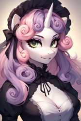 Size: 768x1152 | Tagged: safe, ai content, derpibooru import, generator:stable diffusion, machine learning generated, sweetie belle, anthro, unicorn, g4, breasts, bust, cleavage, clothes, female, goth, gothic lolita, gradient background, horn, lolita fashion, looking at you, mare, older, older sweetie belle, portrait, prompter:saberclaw1x, smiling, smiling at you, solo, three quarter view