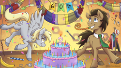 Size: 1920x1080 | Tagged: safe, artist:hetemsenar, derpibooru import, derpy hooves, doctor whooves, earth pony, pegasus, pony, g4, banana, banner, cake, candle, cane, celery, clothes, coat, collar, doctor who, female, food, fourth doctor's scarf, hat, male, mare, necktie, party horn, reference, scarf, sonic screwdriver, stallion, striped scarf, umbrella, watch, whistle