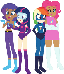 Size: 515x587 | Tagged: safe, artist:sturk-fontaine, derpibooru import, pinkie pie, rainbow dash, rarity, twilight sparkle, human, equestria girls, g4, base used, chubby, group, human coloration, simple background, superhero, white background