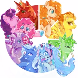 Size: 2048x2048 | Tagged: safe, artist:peeperzcreeperz, derpibooru import, big macintosh, pear butter, pinkie pie, spitfire, sugar belle, trixie, wysteria, alicorn, pony, g3, g4, alicornified, anime, hatsune miku, princess big mac, race swap, vocaloid