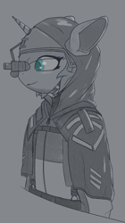 Size: 489x871 | Tagged: safe, artist:higherarch, derpibooru import, oc, oc:altus bastion, unicorn, bipedal, cloak, cloaked, clothes, crossover, escape from tarkov, female, helmet, horn, jumpsuit, military uniform, monochrome, simple shading, sketch, smiling, tactical, tactical vest, tarkov, unicorn oc, uniform