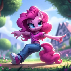 Size: 1024x1024 | Tagged: safe, ai content, derpibooru import, machine learning generated, pinkie pie, anthro, earth pony, g4, clothes, converse, dancing, denim, jeans, pants, prompter:pinkiepiepics, shirt, shoes, short sleeves, sneakers, solo