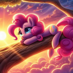 Size: 1024x1024 | Tagged: safe, ai content, derpibooru import, machine learning generated, pinkie pie, earth pony, g4, cloud, female, in a tree, prompter:pinkiepiepics, solo, sun, sunset, tree