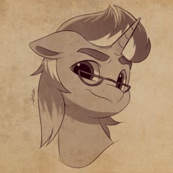 Size: 2048x2048 | Tagged: safe, artist:haruh_ink, derpibooru import, oc, oc:macchiato, unicorn, bust, doodle, glasses, horn, looking at you, monochrome, patreon, patreon reward, smiling