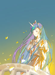 Size: 1680x2298 | Tagged: safe, artist:xinjinjumin641763993311, derpibooru import, princess celestia, human, g4, crown, gradient background, horn, horned humanization, humanized, jewelry, regalia, solo, winged humanization, wings