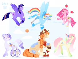 Size: 2048x1543 | Tagged: safe, artist:peeperzcreeperz, derpibooru import, applejack, fluttershy, pinkie pie, rainbow dash, rarity, twilight sparkle, earth pony, pegasus, pony, unicorn, g4, magical mystery cure, alternate design, amputee, glasses, goggles, horn, mane six, prosthetic leg, prosthetic limb, prosthetics, simple background, solo, wheelchair, white background