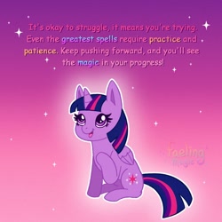 Size: 1500x1500 | Tagged: safe, artist:faelingmagic, derpibooru import, twilight sparkle, twilight sparkle (alicorn), alicorn, pony, g4, female, hoof on neck, mare, open mouth, positive message, positive ponies, sitting, smiling, solo, text, three toned mane