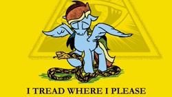 Size: 1200x675 | Tagged: safe, artist:pony-berserker, derpibooru import, rainbow dash, pony-berserker's twitter sketches, g4, conspiracy, don't tread on me, gadsden flag, gadsden snake, i tread where i please, illuminati, illuminati confirmed, parody, parody of a parody, pony-berserker's twitter sketches (2024), satire