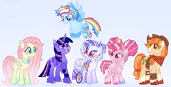 Size: 1413x721 | Tagged: safe, artist:peeperzcreeperz, derpibooru import, applejack, fluttershy, pinkie pie, rainbow dash, rarity, twilight sparkle, twilight sparkle (alicorn), alicorn, pegasus, pony, unicorn, g4, alternate design, amputee, bandana, glasses, glasses rarity, goggles, group, horn, lady looks like a dude, mane six, prosthetic leg, prosthetic limb, prosthetics, redesign, unshorn fetlocks, wheelchair