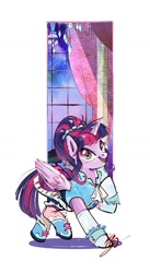 Size: 825x1506 | Tagged: safe, artist:tina1804, derpibooru import, twilight sparkle, twilight sparkle (alicorn), alicorn, pony, g4, clothes, dress, female, indoors, mare, open mouth, simple background, smiling, solo, white background, window