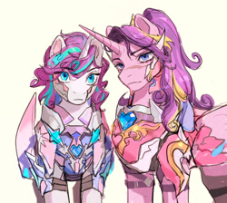 Size: 1680x1505 | Tagged: safe, alternate version, artist:qhsg8, derpibooru import, princess cadance, princess flurry heart, alicorn, pony, unicorn, g4, alternate universe, armor, duo, duo female, female, helmet, horn, like mother like daughter, like parent like child, mare, mother and child, mother and daughter, not starlight glimmer, older, older flurry heart, parent and child, simple background, warrior cadance, warrior flurry heart, white background