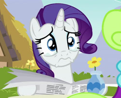 Size: 3000x2437 | Tagged: safe, derpibooru import, edit, edited screencap, screencap, rarity, pony, unicorn, fame and misfortune, g4, season 7, cropped, crying, female, flower, frown, holding, horn, newspaper, purple mane, sad, solo, table, white coat, white fur