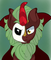 Size: 1198x1412 | Tagged: safe, artist:flutterbug18, derpibooru import, cinder glow, summer flare, kirin, g4, sounds of silence, female, gradient background, green background, mare, mask, phantom of the opera, simple background, solo