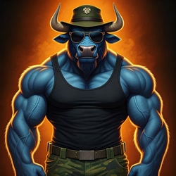 Size: 1024x1024 | Tagged: safe, ai content, derpibooru import, machine learning generated, iron will, minotaur, g4, bust, clothes, cosplay, costume, drill instructor, g.i. joe, generator:google imagen 3.0, gradient background, hat, male, military uniform, muscles, muscular male, portrait, prompter:zerowinger, sgt. slaughter, solo, sunglasses, uniform