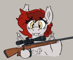 Size: 1023x843 | Tagged: safe, artist:reddthebat, derpibooru import, oc, oc only, oc:reddthebat, pony, bust, chest fluff, eye clipping through hair, fangs, female, gray background, gun, hoof hold, mare, rifle, scope, simple background, solo, teary eyes, weapon