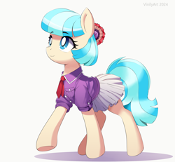 Size: 2100x1939 | Tagged: safe, artist:vinilyart, derpibooru import, coco pommel, earth pony, pony, g4, clothes, eyebrows, eyebrows visible through hair, female, mare, necktie, shirt, simple background, skirt, smiling, solo, white background