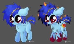 Size: 1072x641 | Tagged: safe, artist:koidial, derpibooru import, oc, oc only, pony, big ears, blue coat, blue mane, blue tail, burnt mane, burnt tail, chest fluff, chibi, duality, ear tufts, ears, eye clipping through hair, eye reflection, female, female oc, fire, floppy ears, folded wings, gray background, mare, mare oc, no mouth, on fire, red eyes, reflection, scrapes, short tail, signature, simple background, small wings, solo, sparkly eyes, spiky mane, spiky tail, standing, striped mane, striped tail, tail, text, wingding eyes, wings