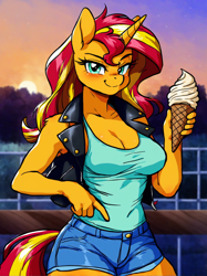 Size: 1840x2456 | Tagged: safe, ai content, derpibooru import, generator:pony diffusion v6 xl, generator:stable diffusion, machine learning generated, sunset shimmer, anthro, unicorn, g4, clothes, denim, denim shorts, female, food, horn, ice cream, ice cream cone, jacket, leather, leather jacket, looking at you, outdoors, prompter:bendy and boney, shorts, sleeveless, smug, solo, tanktop