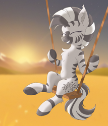 Size: 3786x4429 | Tagged: safe, artist:pzkratzer, derpibooru import, zecora, zebra, belly, belly button, eyes closed, female, field, missing accessory, open mouth, sitting, smiling, solo, sunset, swing, swinging