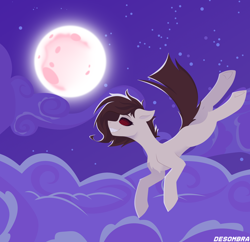 Size: 8720x8454 | Tagged: safe, artist:desombra, derpibooru import, oc, oc only, oc:kilt, demon, demon pony, cloud, female, flying, moon, night, sky, solo, spiral, stars, swirly eyes