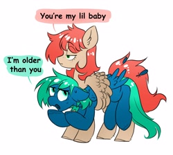 Size: 4096x3664 | Tagged: safe, artist:opalacorn, derpibooru import, oc, oc:emerald, oc:firefly, pegasus, pony, dialogue, duo, duo female, female, high res, holding a pony, lesbian, mare, oc x oc, shipping, simple background, speech bubble, white background, wing hold, wings