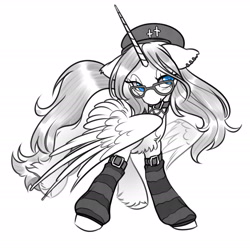 Size: 2100x2079 | Tagged: safe, artist:opalacorn, derpibooru import, oc, oc only, alicorn, pony, beret, choker, clothes, ears, female, floppy ears, glasses, grayscale, hat, leg warmers, mare, monochrome, partial color, partially open wings, simple background, solo, white background, wings