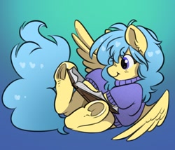 Size: 2410x2063 | Tagged: safe, artist:opalacorn, derpibooru import, oc, oc only, pegasus, pony, book, clothes, female, frog (hoof), gradient background, mare, raffle prize, reading, smiling, solo, sweater, underhoof