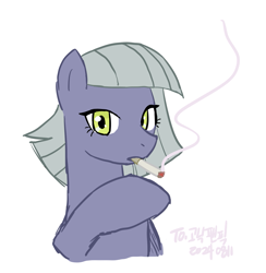 Size: 1671x1712 | Tagged: safe, artist:siemensohm, derpibooru import, limestone pie, earth pony, pony, g4, bust, cigarette, female, looking at you, mare, signature, simple background, smoking, solo, white background