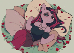 Size: 1120x800 | Tagged: safe, ai content, derpibooru import, generator:pony diffusion v6 xl, generator:stable diffusion, machine learning generated, pinkie pie, anthro, earth pony, unguligrade anthro, arm hooves, bedroom eyes, breasts, clothes, dress, emo, goth, piercing, pillow, pinkamena diane pie, prompter:capsamoon, rose petals