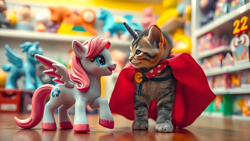 Size: 5120x2880 | Tagged: safe, ai content, derpibooru import, editor:felisamafeles, machine learning generated, oc, cat, pegasus, pony, blue eyes, cape, clothes, cute, generator:flux.1 schnell, horn, little cat, pegasus oc, pink hooves, pink mane, pink tail, pink wings, plastic, realistic, tail, toy, toy store, white wings, wings