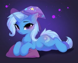 Size: 4096x3312 | Tagged: safe, artist:empress-twilight, derpibooru import, trixie, pony, unicorn, g4, blushing, chest fluff, clothes, commission, cute, diatrixes, ear fluff, ears, female, fluffy, hat, high res, horn, looking at you, mare, pillow, smiling, smiling at you, solo, tail, trixie's hat, ych result