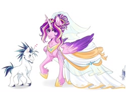 Size: 1772x1296 | Tagged: safe, artist:swabakar, derpibooru import, princess cadance, shining armor, alicorn, pony, unicorn, g4, beard, chest fluff, clothes, crown, dress, duo, duo female, facial hair, female, fetlock tuft, floating heart, heart, hoof shoes, horn, jewelry, male, mare, meme, missing cutie mark, necklace, princess shoes, regalia, shiningcadance, shipping, simple background, size difference, stallion, straight, the bride and the ugly ass groom, unshorn fetlocks, veil, wedding dress, wedding veil, white background