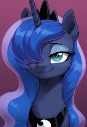 Size: 832x1216 | Tagged: safe, ai content, derpibooru import, machine learning generated, princess luna, alicorn, pony, bust, ear fluff, ears, female, gradient background, hair over one eye, mare, smiling, solo