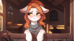 Size: 4832x2688 | Tagged: safe, ai content, derpibooru import, machine learning generated, oc, oc only, oc:victoria orlova, earth pony, pony, blushing, clothes, ears, female, floppy ears, freckles, golden eyes, mare, orange hair, prompter:bluetoothworld, prompter:greesys, solo