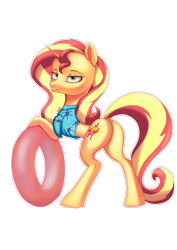 Size: 4961x7016 | Tagged: safe, artist:bluishdraft, derpibooru import, sunset shimmer, pony, unicorn, g4, butt, clothes, female, hawaiian shirt, horn, inner tube, leg fluff, mare, opaque inflatable, plot, pool toy, shirt, simple background, smiling, solo, transparent background