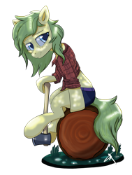 Size: 3553x4704 | Tagged: safe, artist:bluishdraft, derpibooru import, oc, oc only, oc:nettle vienna, earth pony, pony, axe, clothes, earth pony oc, female, flannel shirt, log, lumberjack, simple background, solo, transparent background, weapon