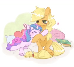 Size: 1280x1164 | Tagged: safe, artist:shunshell, derpibooru import, applejack, oc, earth pony, unicorn, 2d, book, fanart, happy, horn, hug, not flurry heart, pillow, ribbon, smiling