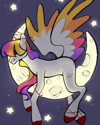 Size: 720x900 | Tagged: safe, artist:broniesforponies, derpibooru import, oc, oc only, pegasus, pony, art trade, colored wings, moon, multicolored hair, multicolored wings, side view, solo, stra, white coat, wings