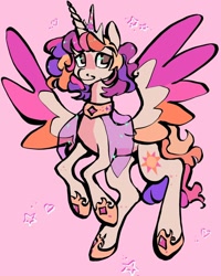 Size: 720x900 | Tagged: safe, artist:broniesforponies, derpibooru import, oc, oc only, alicorn, pony, accessory, alicorn oc, female, horn, mare, pink background, simple background, solo, wings