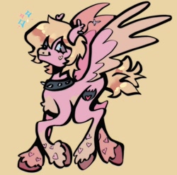 Size: 1440x1425 | Tagged: safe, artist:broniesforponies, derpibooru import, oc, pegasus, pony, collar, pegasus oc, pink coat, simple background, smiling, solo, spiked collar, tan background